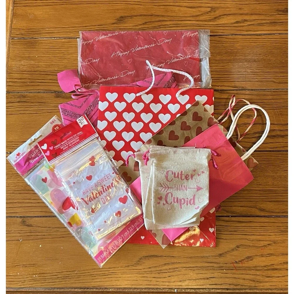 Assortment NEW 50+ Valentine Gift & Treat Bags, Wrapping Paper-